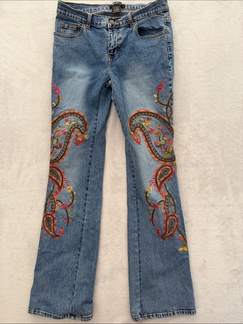 Embroidered Paisley Flare Jeans - Blue